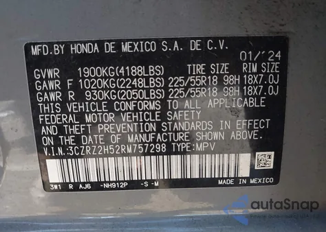 2024 Honda Hr-V Awd Sport/Awd Sport W/O Bsi из США, поврежденный, VIN 3CZRZ2H52RM757298